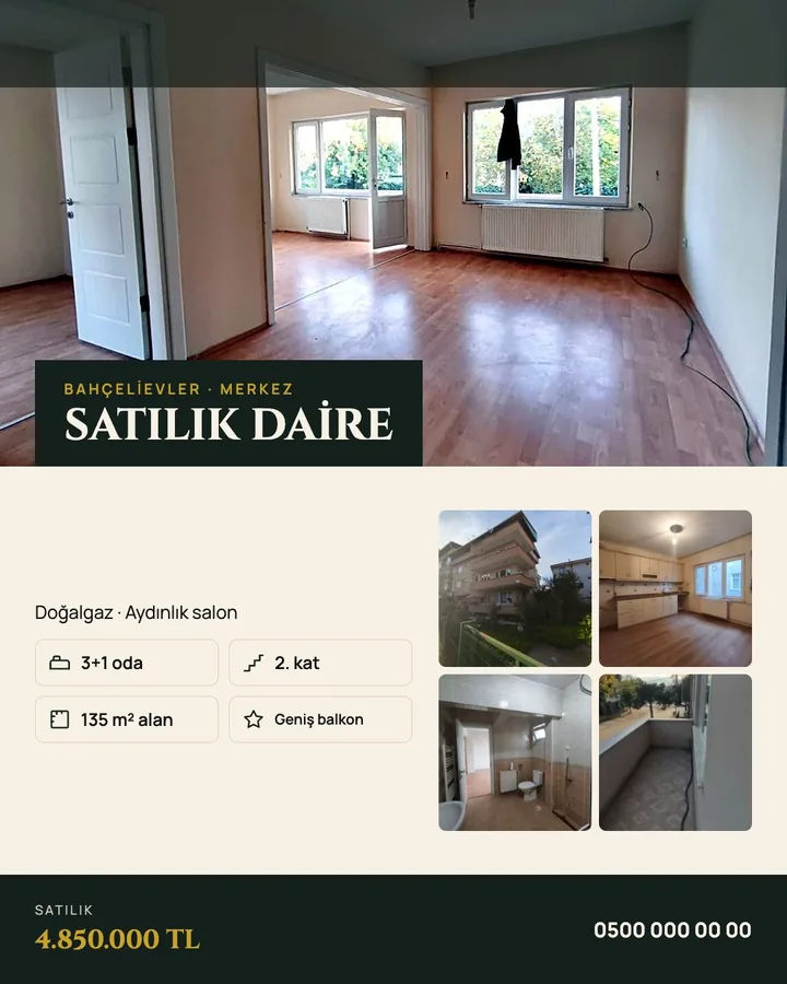 Emsal'in hazırladığı açık renkli ilan broşürü: satılık 3+1 daire