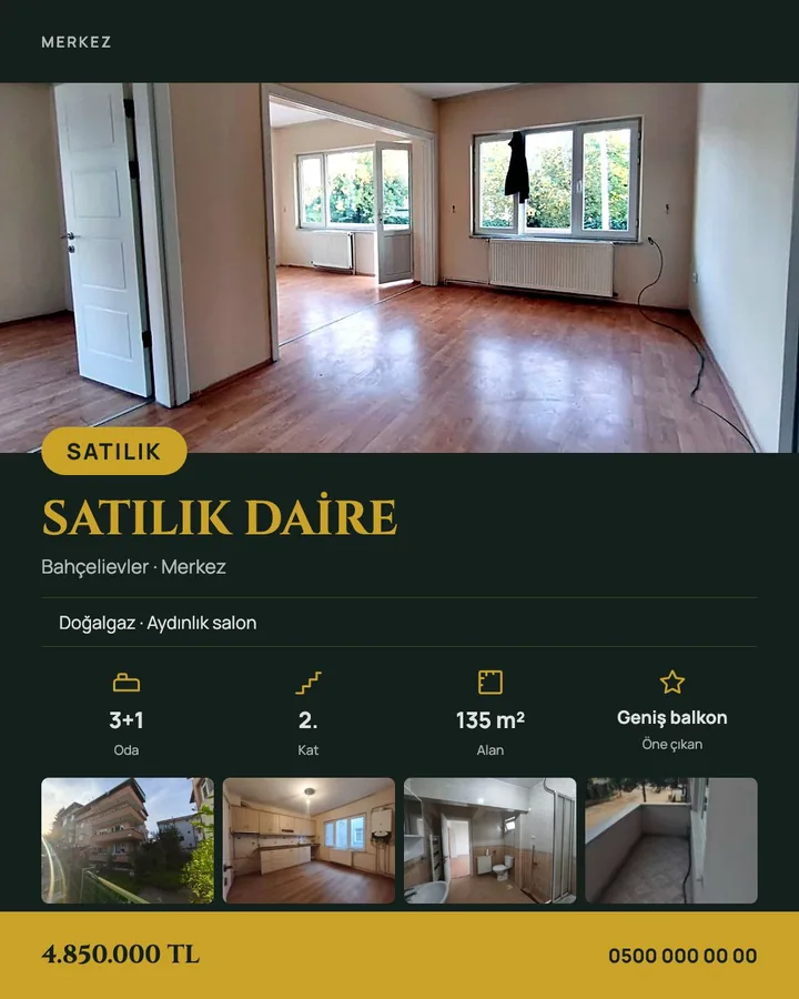 Emsal'in hazırladığı koyu renkli ilan broşürü: satılık 3+1 daire