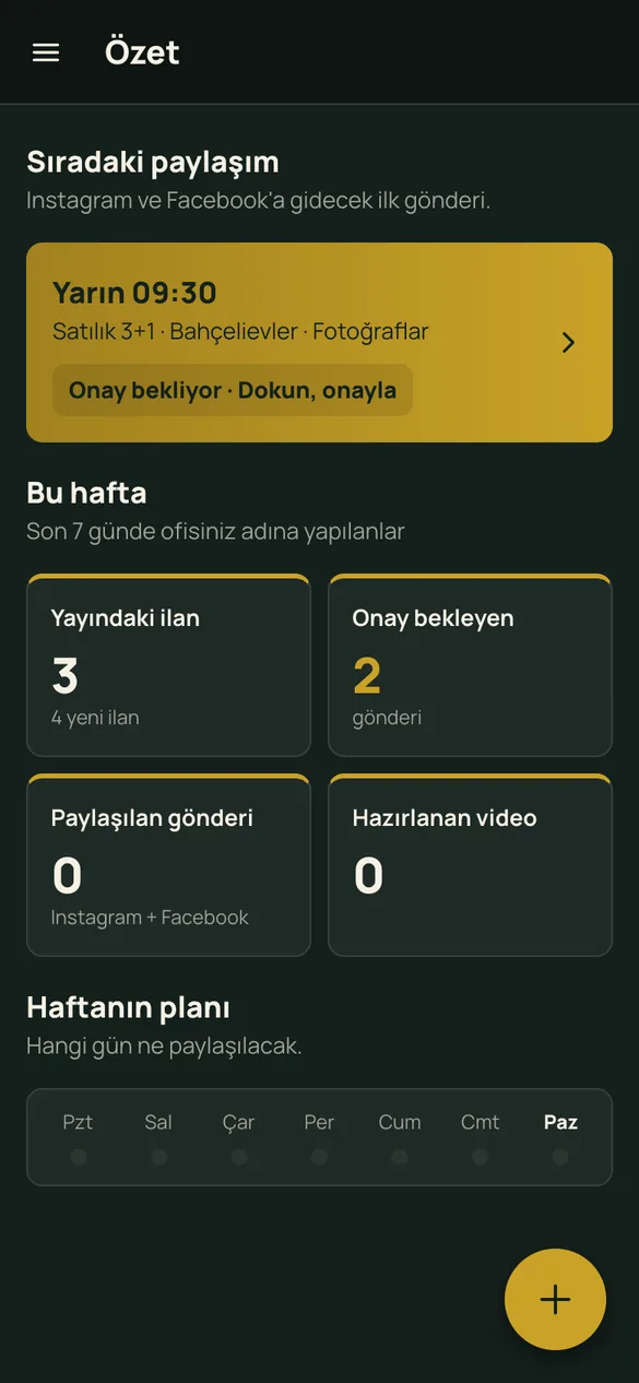 Emsal'in özet ekranı: sıradaki paylaşım, yayındaki ilanlar ve onay bekleyen gönderiler