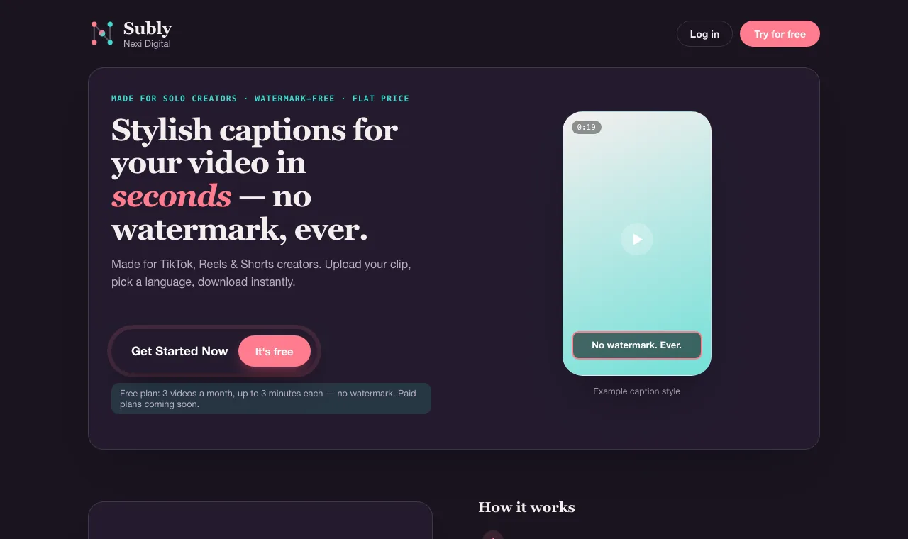 Subly home page: the screen for adding watermark-free captions to a video