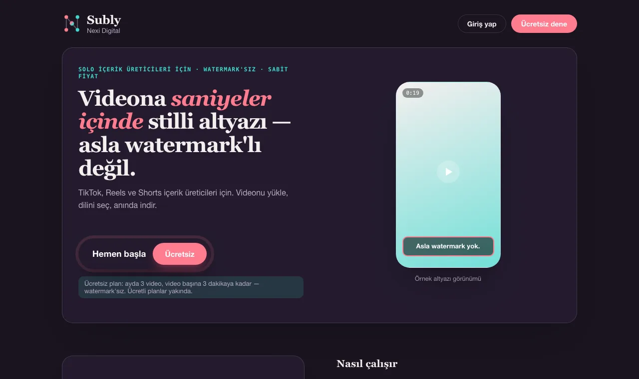 Subly ana sayfası: videona watermark'sız altyazı ekleme ekranı